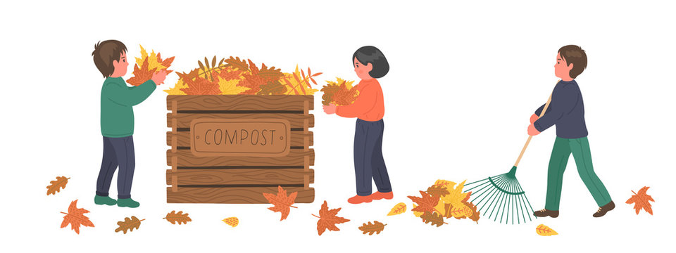 Composting. Autumn clean up. Children making compost from fallen autumn leaves on white background. Recycling concept. 