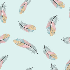 Vintage Light blue and pink feather seamless pattern