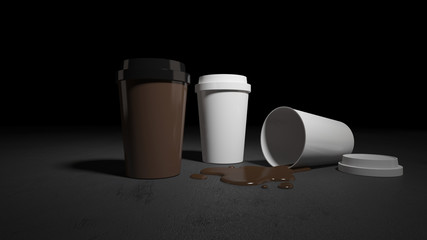 Mockup picture of 3d rendering of white and brown coffee cups.