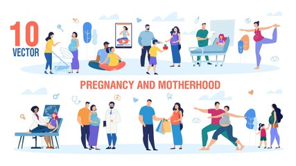 Fototapeta na wymiar Pregnancy and Motherhood Trendy Flat Vector Characters Set. Active Pregnant Women Walking with Child, Visiting Doctor, Meeting Friend, Shopping and Doing Exercises with Husband Illustration Collection