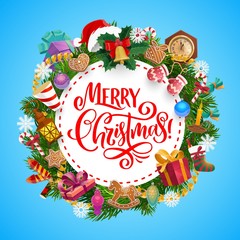 Christmas tree and gifts wreath. New Year holiday