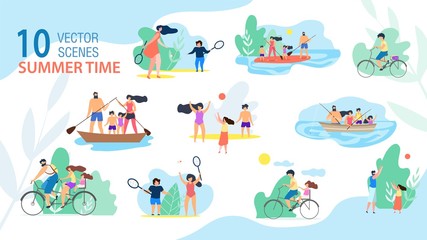 Naklejka premium Family Summer Time Scenes, Summer Vacation Activities Trendy Vector Set Isolated on White Background. Parents with Kids Sailing and Fishing from Boat, Riding Bike, Playing Active Games Illustration