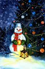 Watercolor Christmas card, New Year card. Snowman. Winter.