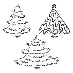 Hand drawn Christmas tree collection. Set of doodle illustrations of firs. For cards and package design. EPS 8