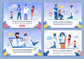 Doctor and Disabled Patient Character Banner Set. Artificial Intelligence Connection. Bionic Prostheses Body Parts. Online Support for Handicapped Adults and Children after Injure. Vector Illustration