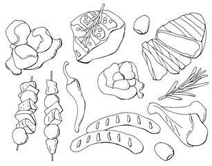 black and white set of different meat, steak, barbecue, grill, chicken, sausages