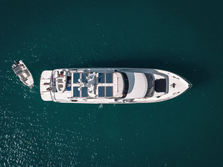 Luxury yacht in the sea. Top view.