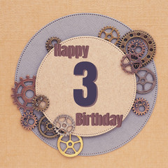 .Greeting card for men with gears of different sizes and colors with circles and the inscription 