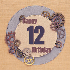 Greeting card for men with gears of different sizes and colors with circles and the inscription...
