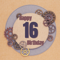 Greeting card for men with gears of different sizes and colors with circles and the inscription...