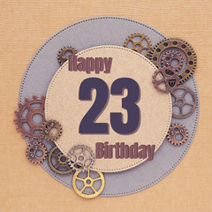 Greeting card for men with gears of different sizes and colors with circles and the inscription 