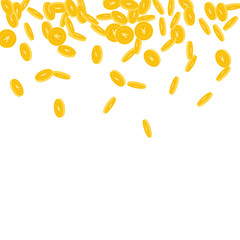 Chinese yuan coins falling. Scattered small CNY co