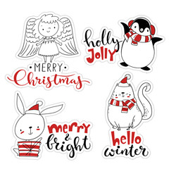 Cute vector scandinavian style winter stickers with cartoon Christmas characters.
