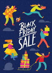 Black Friday winter sale poster with vector people