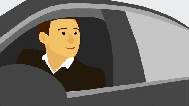2D animation, male driver receiving keys, smiling, and closing car window. Young man in business suit buing new vehicle. Successful businessman purchasing automobile.