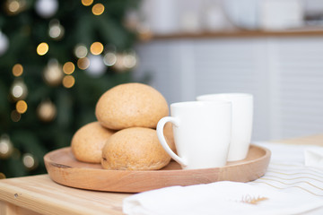 Bright Christmas kitchen . Kitchen interior. Holiday decoration.