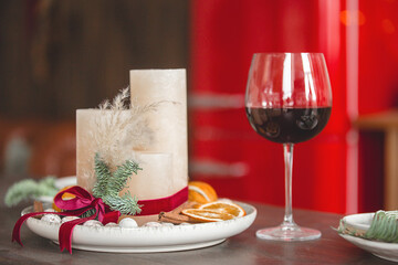 Christmas kitchen decor. Kitchenware on the table. Holiday decorations.