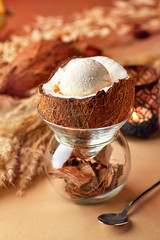 Portion of delicious ice cream with nuts and lemon sauce in halved coconut. Served in glass with crushed coconut shells, on beige background.