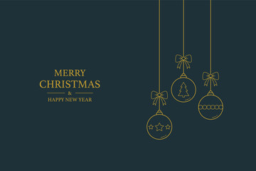 Christmas card with hanging baubles and greetings. Simple background. Vector