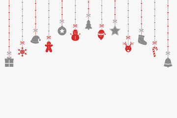 Red and silver Christmas ornaments on bright background. Xmas decoration. Vector