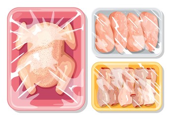 Big vector set with plastic packages of meat, poultry for best keeping food safe. Raw, fresh whole chicken, breasts, leg quaters, drumsticks are on tray covered clingfilm. Cartoon mockups on white.