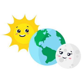 The sun and moon revolve around the earth, a cartoon character, isolated vector illustration