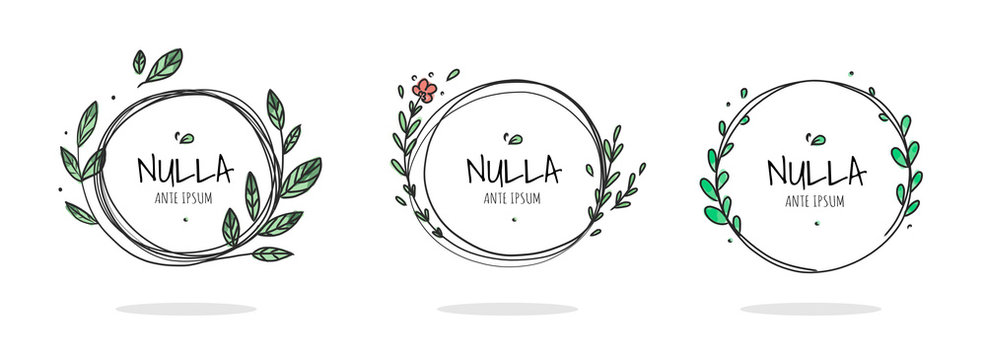Set of 6 circle cute hand drawn frames on the white background. Doodle hand drawn decorative outlined wreaths with branches, leaves and flowers. Vector illustration. Circle frames