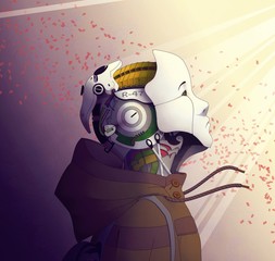 Robot boy with brown jacket and backpack looking upwards. Illustration with a gradient background and red particles in the air. Scientific fantasy art with cyborg human. 