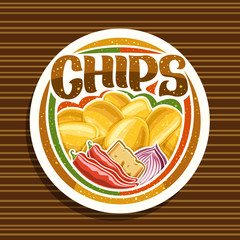 Vector logo for Potato Chips, decorative signage with illustration of heap crispy potatoes, chili peppers, slice of cheese, red onion, white tag with brush script for word chips on striped background