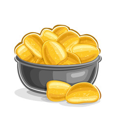 Vector illustration of Potato Chips, still life composition of heap fatty fried potatoes in grey bowl and two slices of home made crispy potato chips on white background.