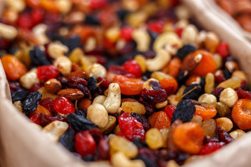 Dried Fruit and Nuts close up, selective focus