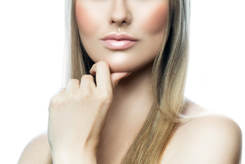 Partial beaury portrait of young woman with perfect skin, natural nude make-up. Skincare facial treatment concept
