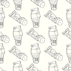 Artistic paints in tubes. Painter seamless pattern. Sketch. Line art detailed. Endless vector illustration. Sketchy artist backdrop.