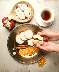 Fresh bakery honey cake with tea and cinnamon
