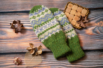 knitted wool green mittens