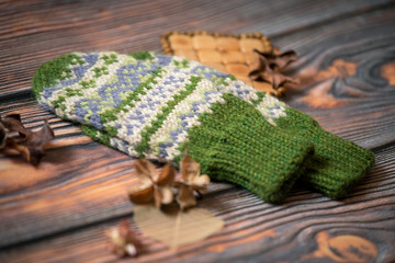 knitted wool green mittens