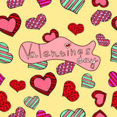 Valentine's day seamless pattern. Colorful hearts with lines and dots with Happy Valentine's Day greetings. Textures for clothes, wrapping paper, souvenirs and invitations.