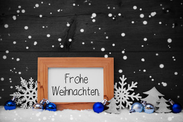 German Calligraphy Frohe Weihnachten Mean Merry Christmas. Blue Christmas Ornament Like Tree, Snowflake And Ball. Wooden Background With Snow And Snowflakes