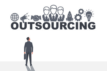 Banner outsourcing for web, print and mobile. Keyword and glyph icons. Businessman with a briefcase looks at the concept. Business symbol and icon. Vector illustration flat design.