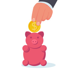Big hand putting coin into piggy bank. Vector illustration, flat design. Making saving. Cartoon style. Isolated on white background. Save money concept. Management business.
