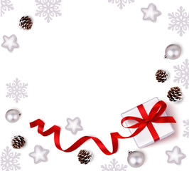 New Year or Christmas design template. Winter background with gift box,xmas balls, pine cone and other holidays decorations. Flat lay. Top view. Vector illustration. 