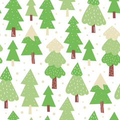 Spruce trees hand drawn seamless vector pattern. Green fir trees. Winter holiday flat pattern. Wrapping paper, print, page fill, web design. Vector illustration