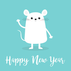 White mouse waving hand. Happy New Year 2020 sign symbol. Merry Christmas. Cute cartoon funny kawaii baby character. Flat design. Blue winter background.