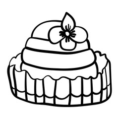Cake decorated with a flower. Sweets Cakes Dessert. Coloring page, Coloring book. Contour. - Vector. Vector illustration