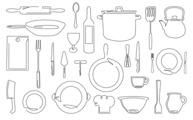 Fototapeta na wymiar One Line Drawing of Isolated Kitchen Utensils. Cooking Outline Icons Set. Vector illustration.