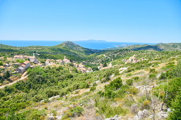 Fototapeta na wymiar Panoramatic view of Hvar Island from hills near Brusje, Hvar, Croatia 