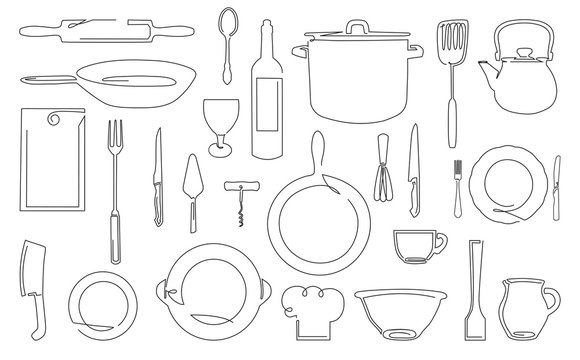 One Line Drawing of Isolated Kitchen Utensils. Cooking Outline Icons Set. Vector illustration.