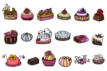 A large set of sweets cakes. Set, collection, choice Sweets Cakes Dessert. Sweets Cakes Dessert. Pastry shop - Vector. Vector illustration