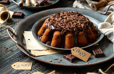 homemade chocolate cake with melted chocolate and chocolate flakes
