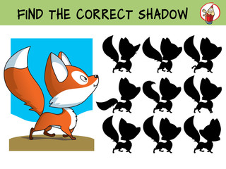 Funny little fox. Find the correct shadow. Educational matching game for children. Cartoon vector illustration